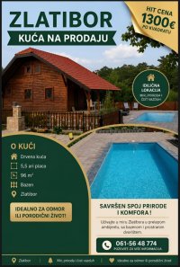 Nekretnina: Zlatibor, drvena kuca sa bazenom na prodaju 96 m2 na placu od 5,5 ari